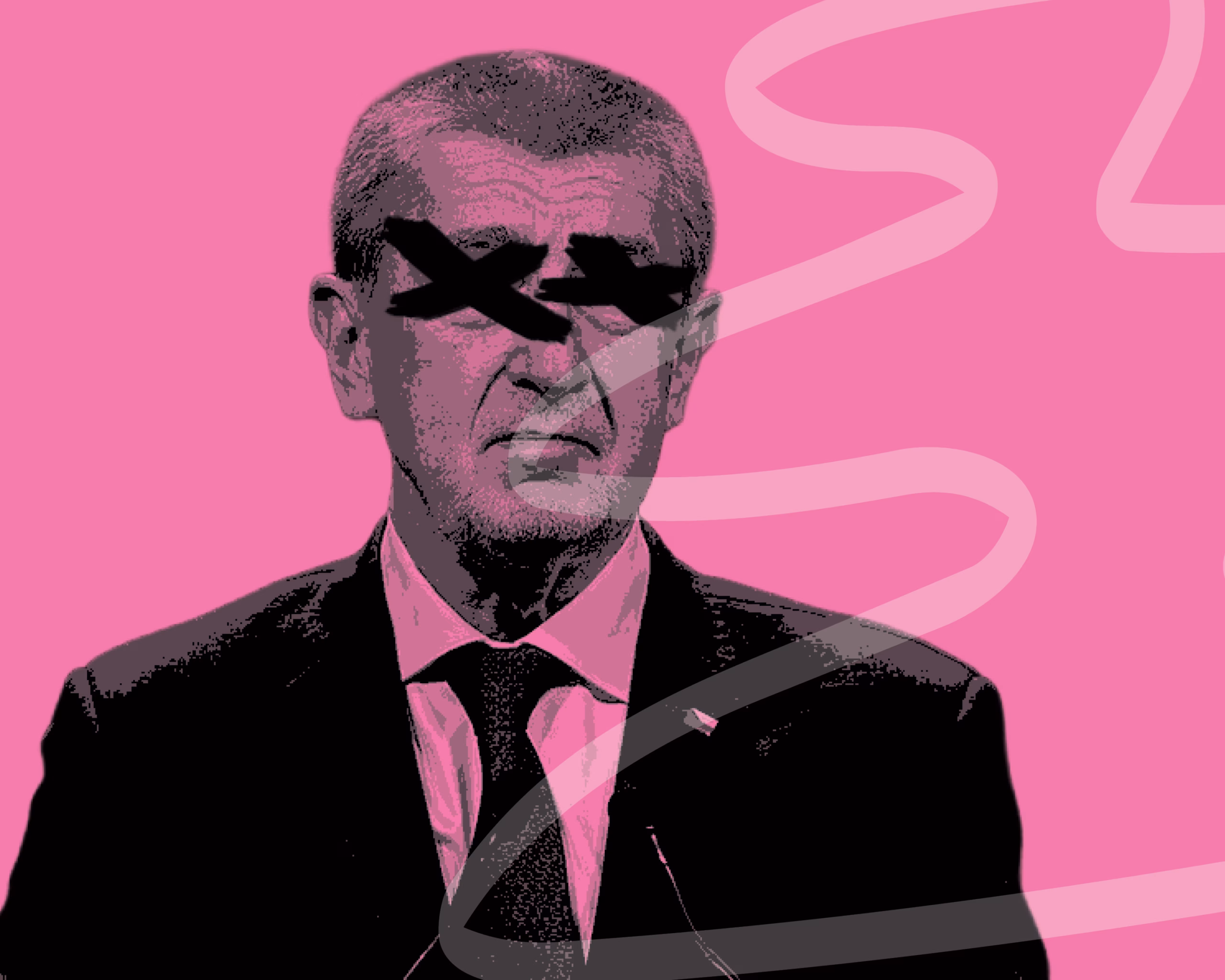 Andrej Babiš s vykřížkovanými oky na růžovém pozadí